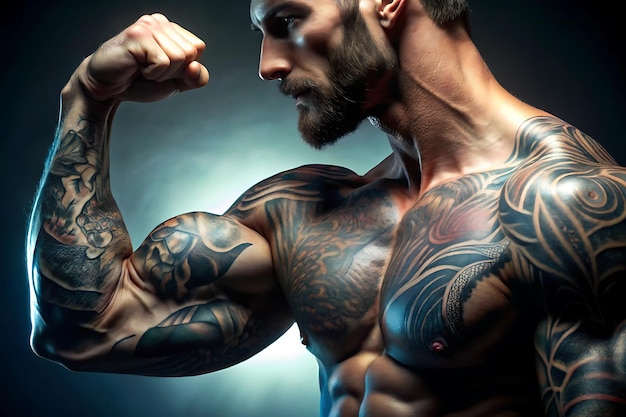 Photo tattooed arm flexed defined triceps highlighted in strong light