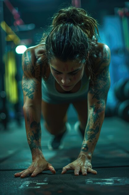 Photo tattooed athlete performing intense pushup at the gym