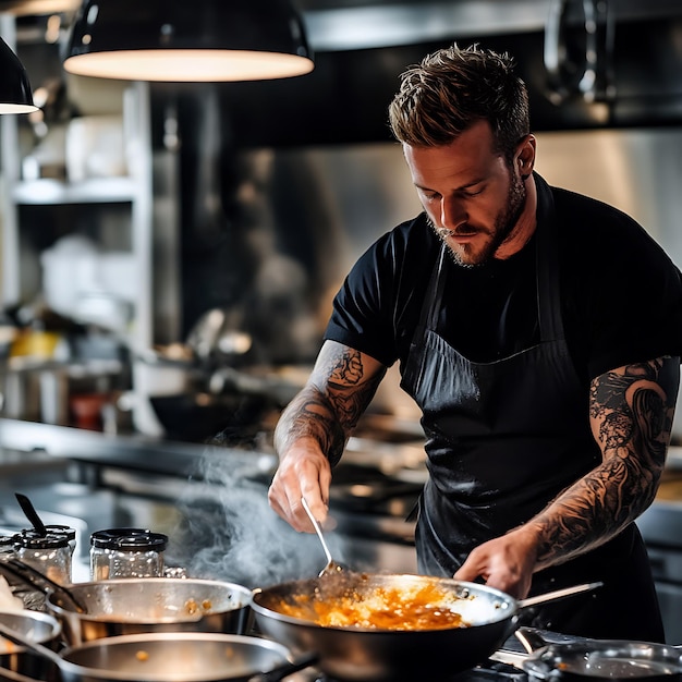 Photo tattooed chef stirring food in a pan in a busy kitchen