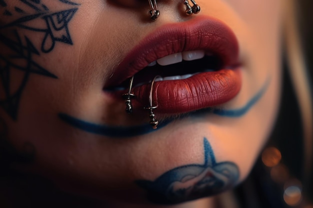 Tattooed girl face with lip piercing informal woman generative ai