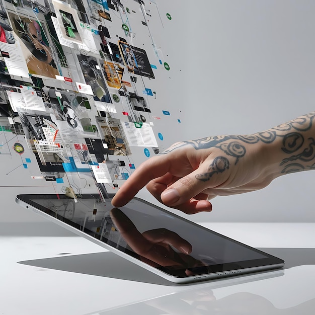 A Tattooed Hand Navigates the Digital Tapestry of Social Media on a Sleek Tablet