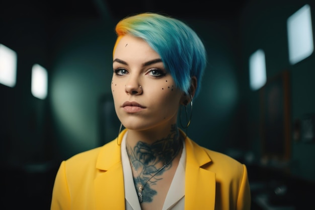 A tattooed happy woman with light blue short haircut standing in the office Generative AI AIG21