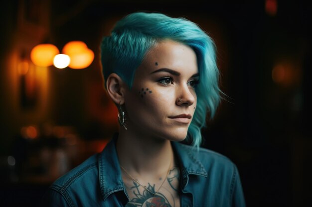 A tattooed happy woman with light blue short haircut standing in the office Generative AI AIG21