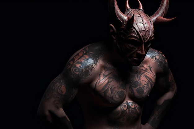 Tattooed man wearing a devil costume on a black background