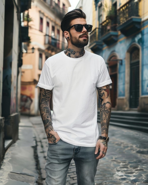 Photo a tattooed man wearing sunglasses and a white tshirt walks down a cobblestone street