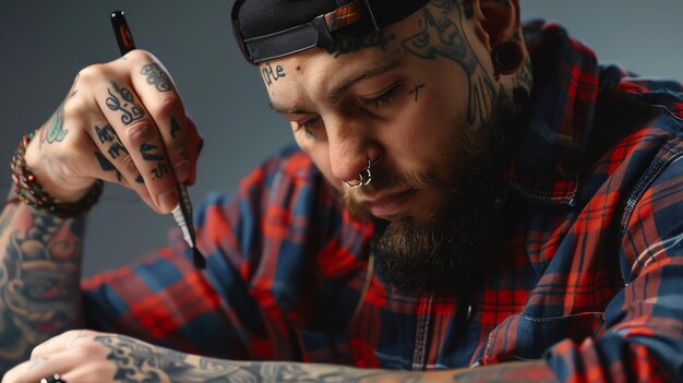 A tattooed man with a beard and nose ring in a plaid shirt focuses on a detail of his artwork