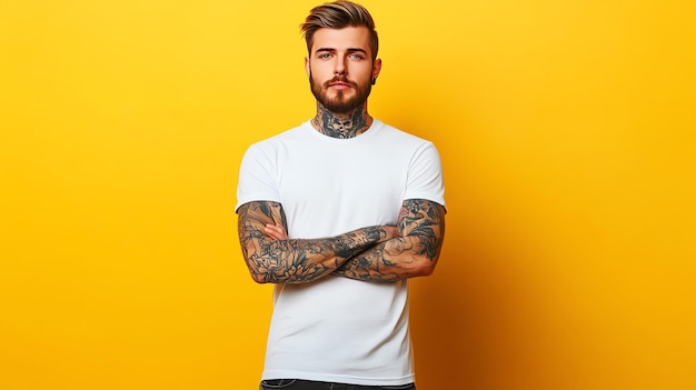 Photo a tattooed man with a beard stands with his arms crossed in front of a yellow background