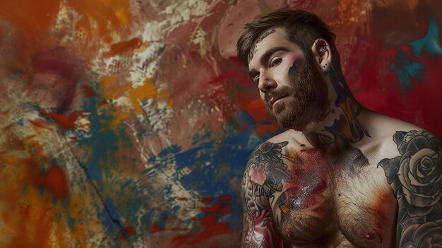 Photo a tattooed man with colorful tattoos