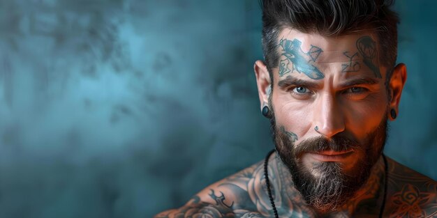 Photo a tattooed man with intense facial ink exudes a powerful captivating presence concept tattooed men intense facial ink captivating presence powerful aura intriguing tattoos