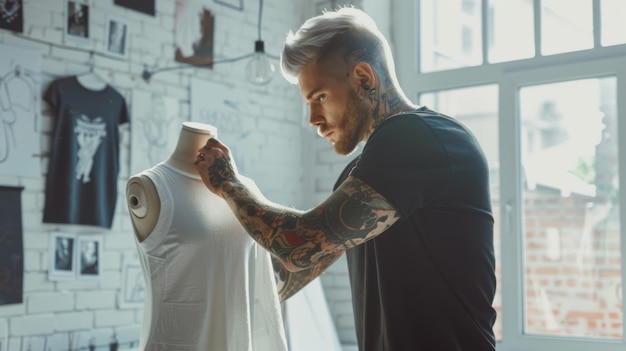 Tattooed Tailor Adjusting a Mannequin