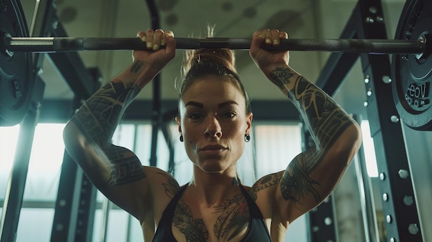 Tattooed woman hanging from bar