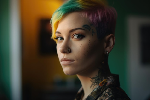 A tattooed woman with short haircut in an office Generative AI AIG21