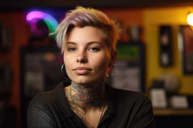 A tattooed woman with short haircut in an office Generative AI AIG21