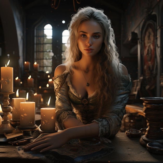 Tavern girl girl waitress serving staff in medieval times authentic setting design architecture middle ages culture portrait dim lights bar candles