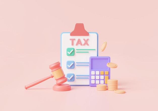 Tax form with gavel and calculator Jurisprudence and payment processing violation of tax laws calculation individual income Tax law authority government justice concept 3d render illustration