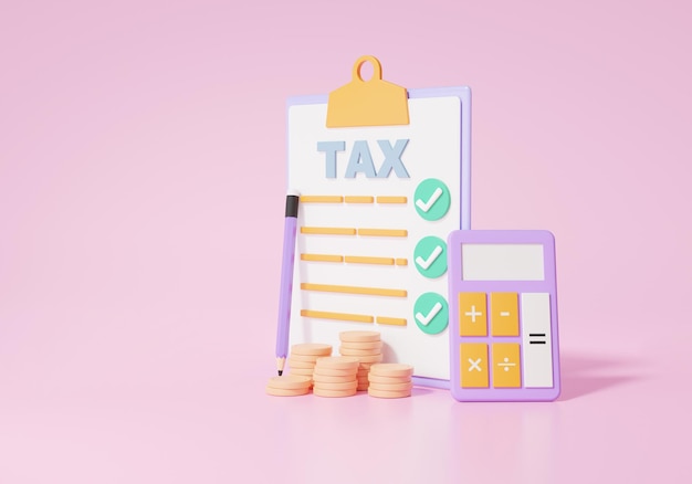 Tax payment education concept calculator coins Financial learning transactions for Cost reduction saving money finance and business target planning 3d render illustration