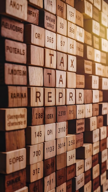 Photo tax report concept with wooden blocks with words on it side view