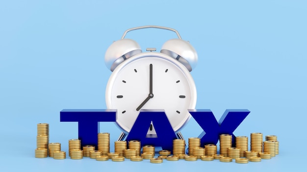 Tax time alarm clock with stack coin tax concept 3D rendering