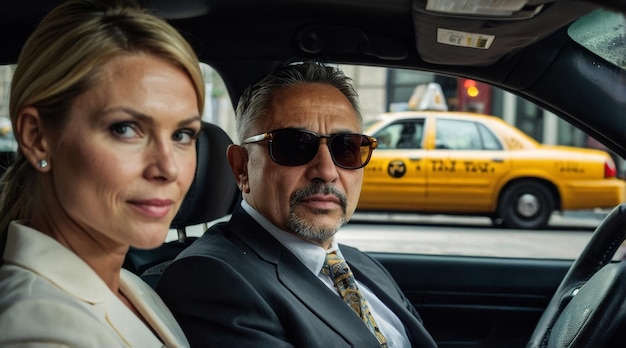 Taxi driver sitting in a car with businesswoman