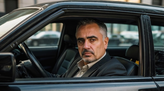 Taxi driver sitting in a car with businesswoman