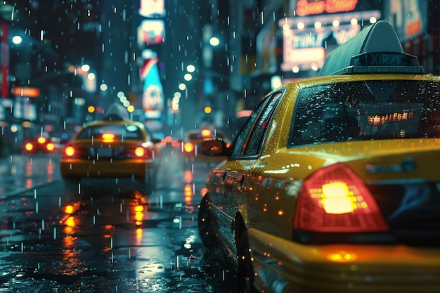 a taxi is driving down a wet street in the rain