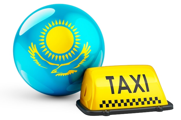 Taxi service in Kazakhstan concept Yellow taxi car signboard with Kazakh flag 3D rendering