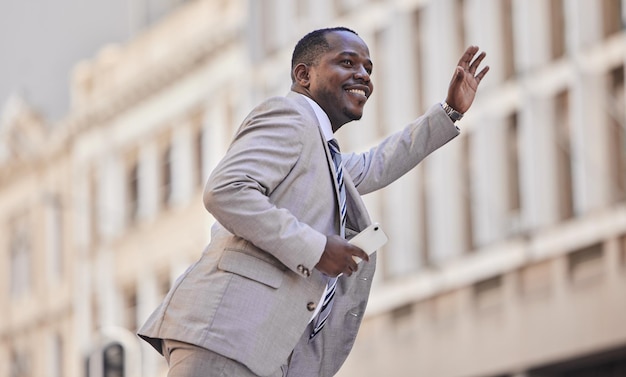 Taxi stop travel and black man in the city street bus and happy with transport in New Zealand Transportation call smile and African businessman waiting for a metro in the road for commute to work