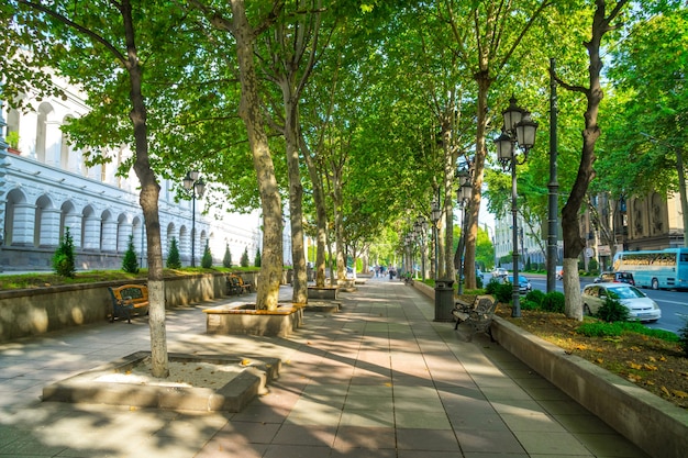 Tbilisi, Georgia - 30.08.2018: Pedestrian road at Rustaveli Avenue, main avenue of the capital. Travel.