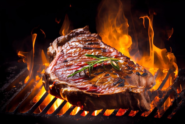 TBone steak or Porterhouse on grill with blazing fire flame Food and cuisine concept Generative AI