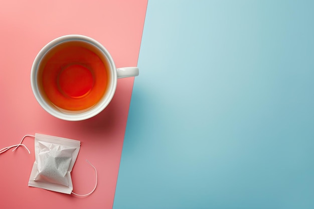 Photo tea bag pyramid and cup with tea on a gentle blue and pink background to make tea top view