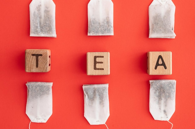 Photo tea bag with label on red background space for text