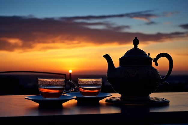 Tea Break at Sunset Silhouette of Tea Set Against the