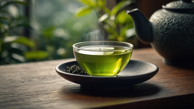 Photo tea brewing process with freshly brewed green oolong tea in warm soft light