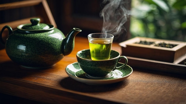 Photo tea brewing process with freshly brewed green oolong tea in warm soft light