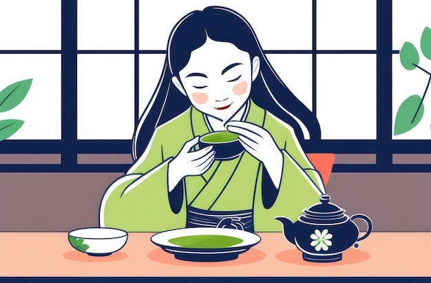 tea ceremony flat illustration smiling cute Asian girl holding cup of traditional Japanese matcha