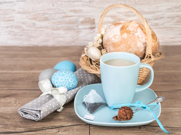 Tea and chocolate on Easter table