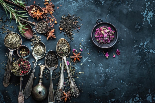 Tea composition with Different kind of tea and old spoons on dark background