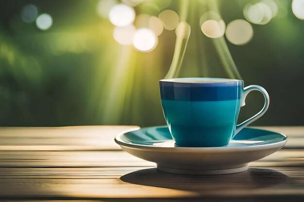 a tea cup and saucer with a blue cup on a saucer