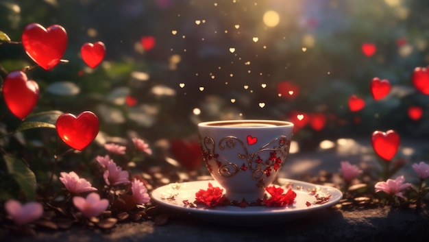 a tea cup and saucer with a red heart on it