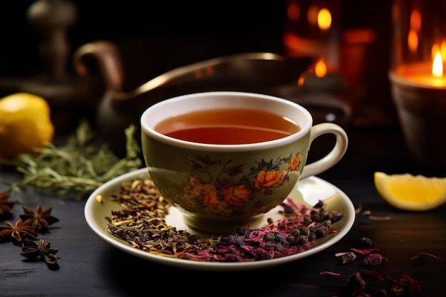 a tea cup and saucer with a teapot on it