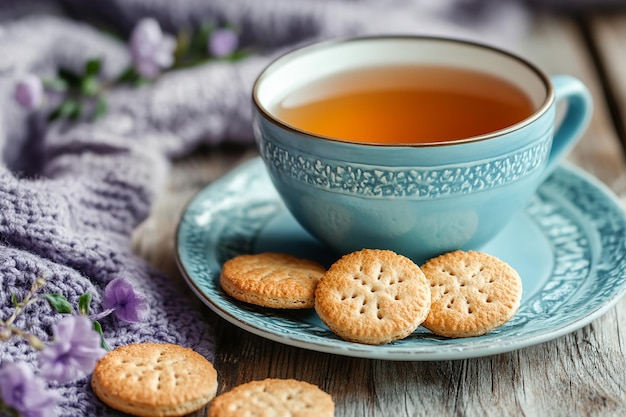 a tea cup and some cookies on a plate with a cup of tea