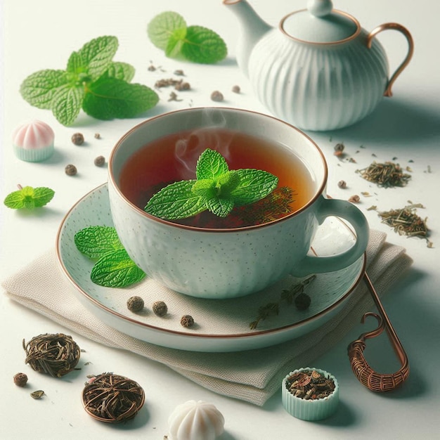 a tea cup and tea cup with tea leaves on a table