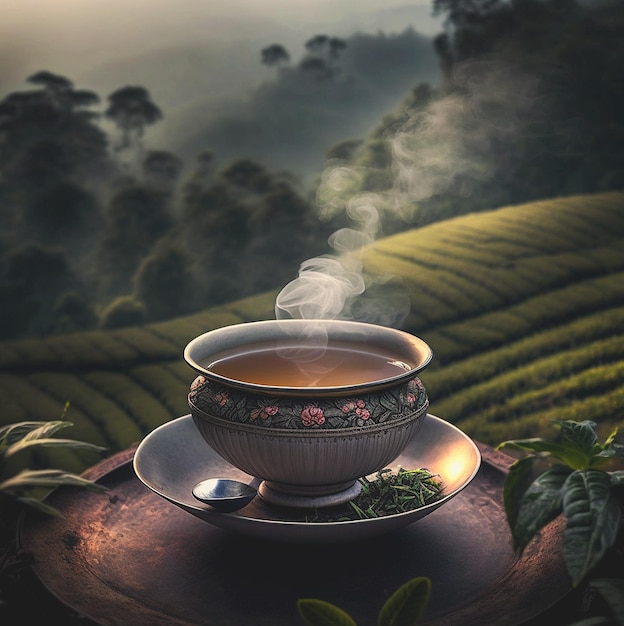 Tea in a cup on a tea plantation Generative AI