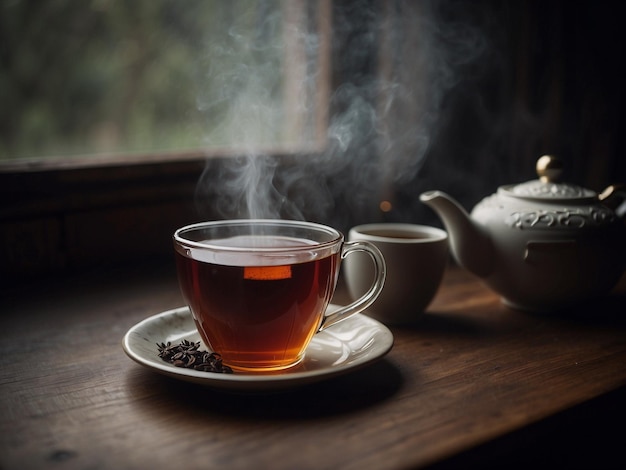 a tea cup and teapot on a table with a teapot and a teapot