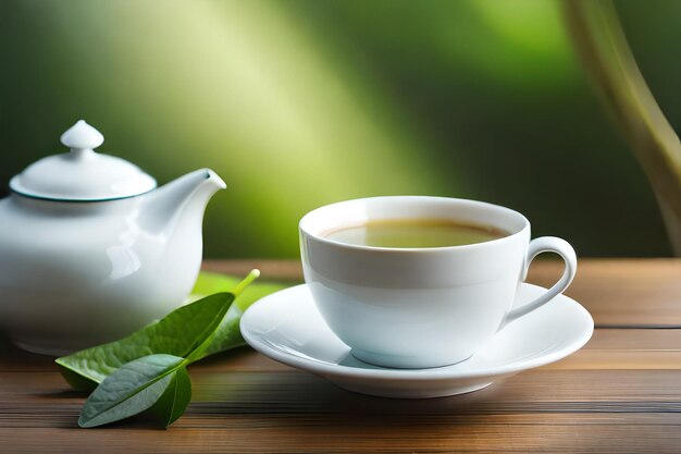 a tea cup and teapot on a wooden table with green leaves.