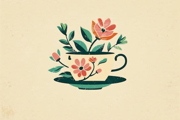 a tea cup with flowers on it and a picture of flowers on the top