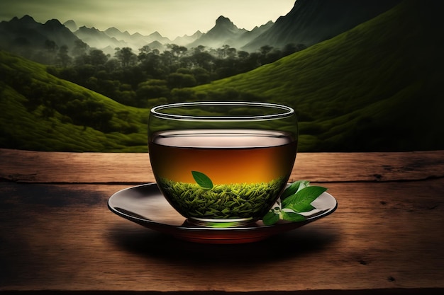 Tea cup with a green tea leaf on a wooden table with a background of tea plantations