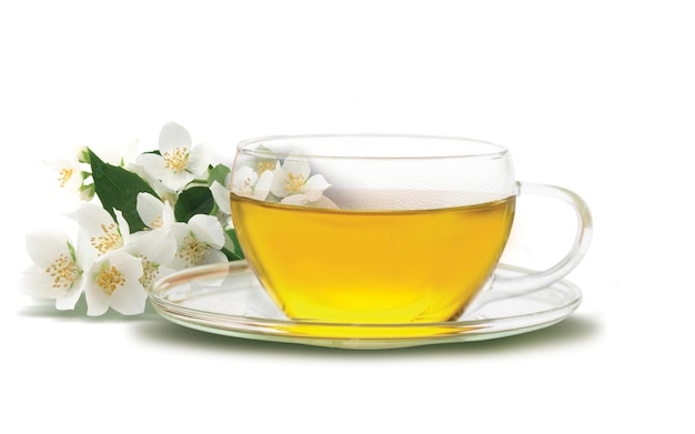 Tea in cup with jasmine flower isolated on white background Image