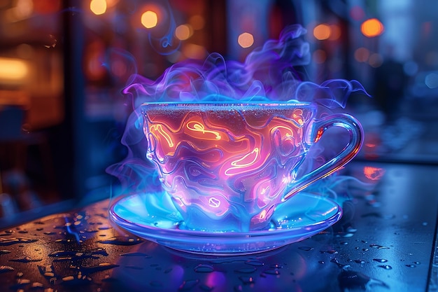 a tea cup with a teacup on a table with a purple background