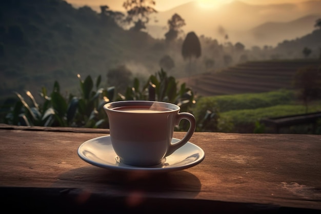 Tea cup with on the wooden table and the tea plantations background generative ai